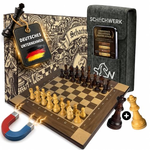 Schachspiel Holz magnetisch 39x39 cm klappbares Schachbrett mit Lern-App | Magnetverschluss · Filztasche mit Griff · 2 Extra-Damen · Staunton-Design · Schachgeschenk für Erwachsene & Kinder