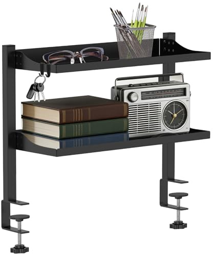 2-Tier Clamp on Desk Extension Shelf,Carbon Steel Adjustable Above or Under Desk Storage Tray Holds 10kg,Heavy Duty Desktop Organizer with Versatile Hook for Working,Studying and Gaming Accessories