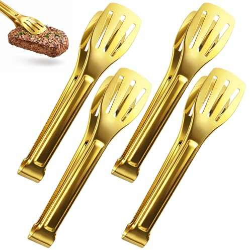 Serving Tongs, Gold Kitchen Tongs for Food Service, Premium Metal Tongs with Ergonomic Design, 4-Piece Set in 19 cm 40 g Golden Finish
