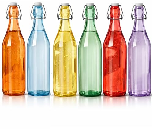 Set 6 Bottiglie in Vetro Colorato 1 Litro con Tappo Ermetico Caraffe Eleganti Bicchieri Multicolore per Acqua, Smoothie, Succo di Frutta Mod. SLIGO