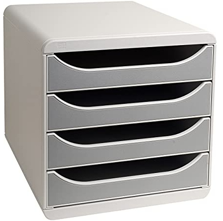 Exacompta – Ref 310041D – BIG-BOX skrivbordslåda set – 4 x 55 mm lådor, lämplig för A4+ dokument, 347 x 278 x 267 mm, 100% återvunnen plast – ljusgrå/stengrå