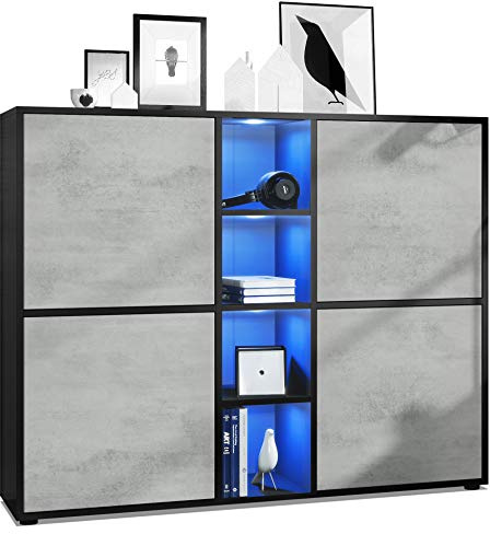 Vladon Highboard Cuba V3, Made in Germany, Schwarz matt/Beton Oxid Optik inkl. LED - Moderne Anrichte mit 12 Fächern (130,5 x 105,5 x 35,5 cm)