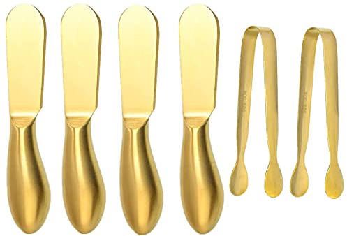 Accfore Set di coltelli spalmatori, 6 pezzi di coltelli spalmatori per formaggio e burro, mini pinze per servire, coltelli da burro multiuso in acciaio inossidabile (oro)