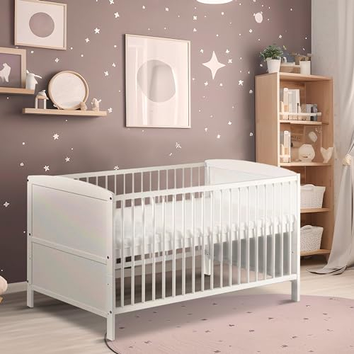 Schardt - Kombi-Kinderbett Conny - Gitterbett Kiefer massiv weiß lackiert - Babybett mit HDF-Füllung, 3 Schlupfstäbe, Rost 3-Fach höhenverstellbar - Umbaubar zum Juniorbett - L144xB75xH88