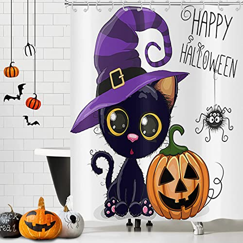 Hnmdmyi Tenda da doccia Halloween 180x200, divertente gatto nero strega cappello ragno fantasma zucca bambini vacanza tenda da bagno impermeabile poliestere tessuto lavabile tenda da bagno con ganci