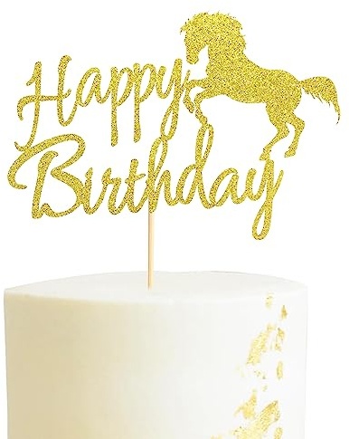 Arthsdite Pferde Happy Birthday Cake Topper, Pferderennen Thema Geburtstag Party Dekoration für Jungen Mädchen Männer Frauen Kinder Geburtstag Party Dekoration Supplies-Gold Glitter