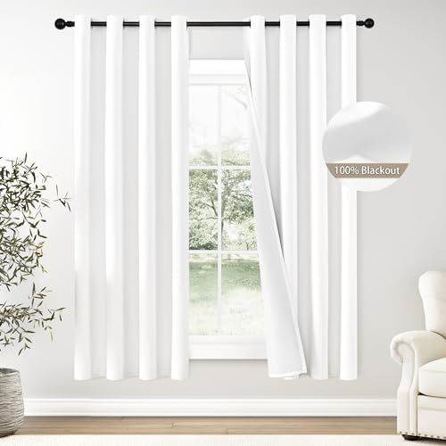 ChrisDowa 100% Blackout Pure White Solid Curtains 72 Inches Long 2 Panels for Bedroom Living Room,Farmhouse Room Darkening Thermal Insulated Soundproof Grommet Top Window Treatment Drapes,52x72