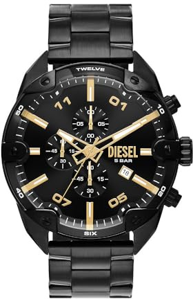 Diesel reloj Spiked para hombre, movimiento cronógrafo de cuarzo con correa de acero inoxidable, Negro y tono dorado