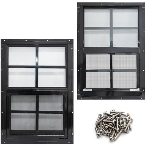 NeatiEase 2 Stück Schuppenfenster mit schwarzem Rahmen, 45,7 x 58,4 cm, bündig montiert, kleines Fenster mit gehärtetem Glas und Fiberglas-Bildschirm für Schuppen, Hühnerstall, Spielhaus, Haushalt