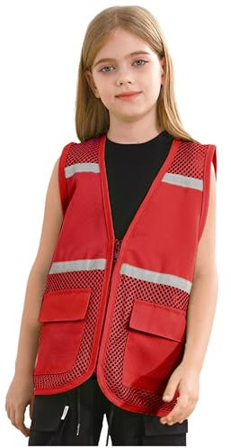 Miaeowve Warnweste Kinder Jungen Mädchen Reflektorweste Sicherheitsweste Reflektierende Arbeitsweste Sichtbarkeit Für Für Sport Laufen Fahrrad Schule Rot 134-140
