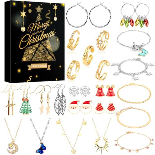 Annhao Calendrier de L'avent 2025, Calendrier de L'Avent Bijoux Femme Fille avec Boucles D'oreilles Bracelet Bague Collier Calendrier à Rebours Beauté Idee Cadeau de Noël pour Femme Maman Ado Soeur