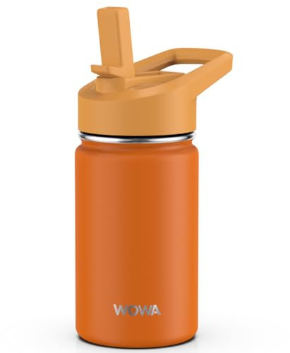 Borraccia termica per bambini, con cannuccia e coperchio con beccuccio, senza BPA, in acciaio inox, a prova di perdite, per scuola e sport, mantiene le bevande fredde per 24 ore, 350 ml, arancione