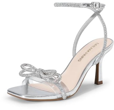 DREAM PAIRS Women's Double Bowknots Heels Open Square Toe Ankle Strap Crystal Rhinestone Dress Sandals for Party Wedding,Size 7,Silver-Pu,DWUMHS2530