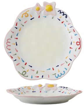Hand-Painted Embossed Flower Ceramic Plate Breakfast Dessert 8-Inch Household Vegetable Cute Fruit Pasta Salad Snack (Candy Pink)