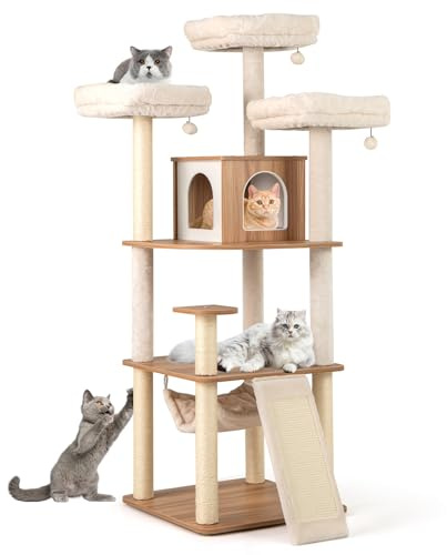 COSTWAY Wooden Cat Tree, 168cm Tall Cats Climbing Tower with Sisal Scratching Posts, Ladder, Hammock, Dangling Balls, Multi-Level Activity Centre for Indoor Cats