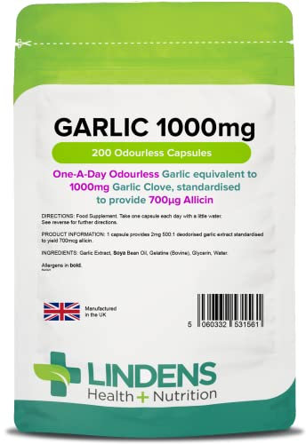 Lindens - Garlic 1000mg - 200 Odourless Capsules - UK Made - One-A-Day - Standardised to Provide 700mcg Allicin (Equivalent to 1000mg Fresh Garlic) - 6+ Months Supply - GMP & Letterbox Friendly