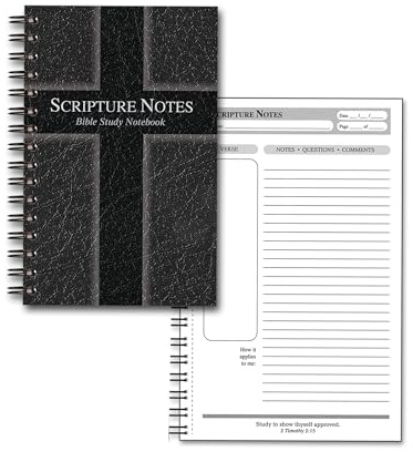 G.T. Luscombe Company, Inc. Scripture Notes, Bible Study, 9 x 5.5 inch, Spiral Bound, 100 Double-Sided Page, Hardboard Cover, Lined Notebook with Prompts and Text Boxes, Black