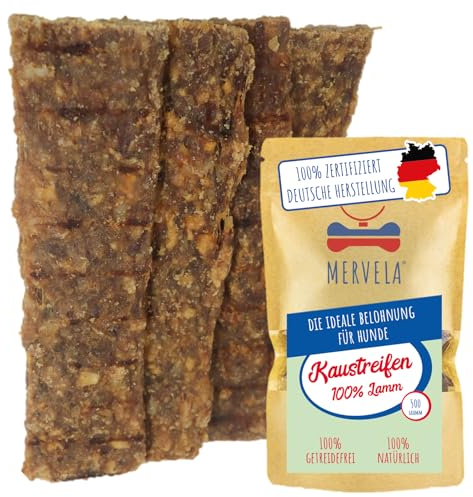 MERVELA® Lamm Fleischstreifen | 500 Gramm | Chewies | getreidefreie Hundeleckerli | Kaustreifen | hoher Fleischanteil | Kausnack für Hunde | Belohnung | Training Fleischstreifen