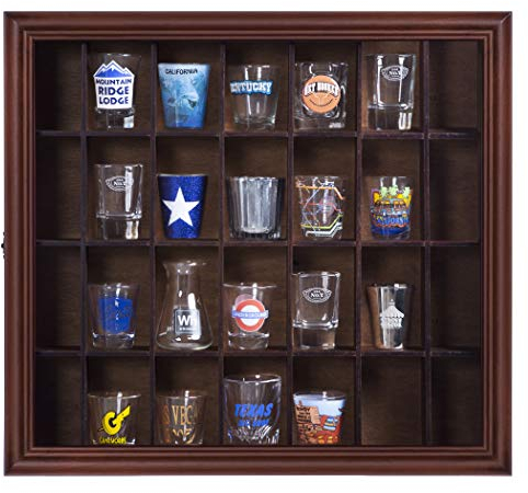 Gallery Solutions, 46 x 41 cm Schnapsglas-Kollektion, Vitrine, aufklappbare Vorderseite, Schnapsglas-Kollektion, Kirsch-Walnuss, 28 Schnapsgläser, Bar, Zuhause, Bürozubehör, Organizer, Gläserregal