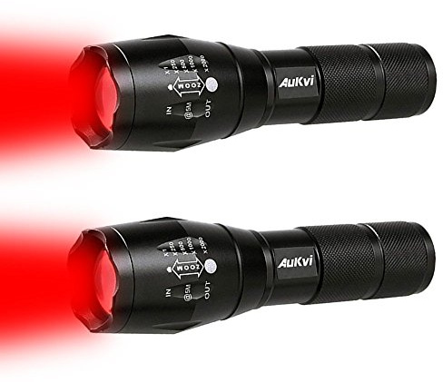 AuKvi 2 Pcs Powerful Red LED Flashlight, Adjustable Focus, Durable, Long Range Red Hunting Light Torch, Zoombale, Waterproof, Best for Astronomy, Aviation, Night Observation