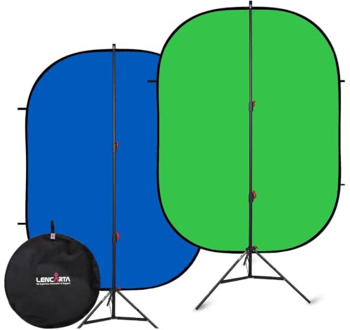 LENCARTA Green Screen Background with Stand 1.5m x 2m (4.9ft x 6.6ft) Pop Up Reversible Blue, Collapsible Chroma Key Greenscreen Backdrop Kit for Gaming, Photo, Stream, Chromakey, Zoom, Home Working