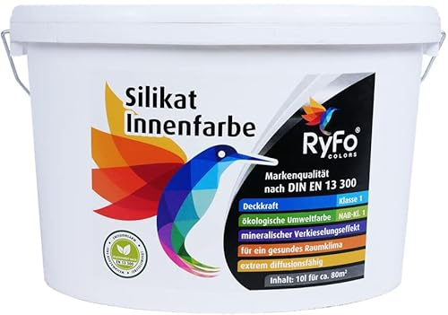 RyFo Colors Silikat Innenfarbe 10l – mineralische Wandfarbe weiß, diffusionsoffen, Deckkraft Klasse 1, Nassabrieb Klasse 1, allergikergeeignet