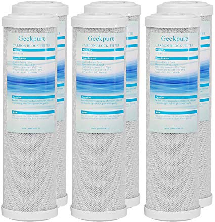 Geekpure cartucho de filtro de agua de bloque de carbono de coco 2,5 pulgadas x 10 pulgadas para eliminar el sabor al cloro, 5 micrón, paquete de 6