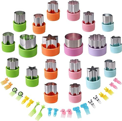 Vegetable Cutters Shapes Set, 20pcs Stainless Steel Mini Cookie Cutters, Vegetable Cutter and Fruit Stamps Mold + 20pcs Cute Cartoon Animals Food Picks and Forks -for Kids Baking and Food Supplement