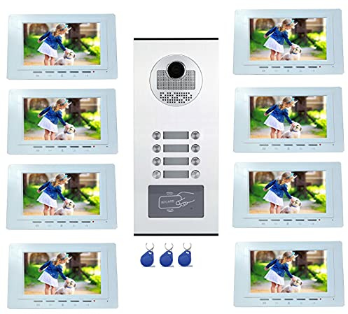 Interphone vidéo couleur pour 8 logements / appartements avec lecteur RFID