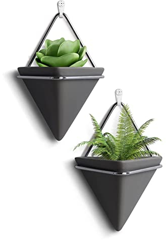 Hilai Wandvasen,Blumenampel, Pflanzenbügel, Hängende Pflanzgefäße, Indoor Keramik Geometrische Wandpflanzer Wandpflanzer Sukkulent Töpfe Wanddekor 2 stücke Klein 10 cm schwarz