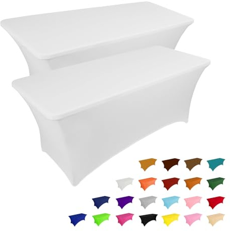 IVAPUPU 2 Pack 6FT Table Cloth for Rectangular Fitted Events Stretch White Table Covers Washable Spandex Spring Tablecloth Protector for Party, Wedding, Cocktail, Banquet, Festival