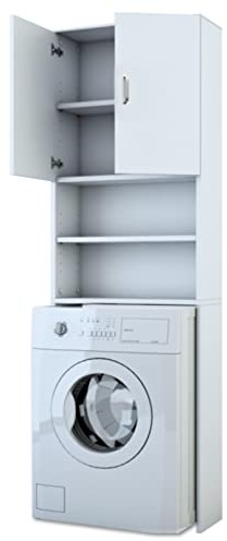 HAGO24 Waschmaschinenschrank in weiß I 190cm hohes Waschmaschinenregal mit viel Stauraum I hochwertiger Überbauschrank für Waschmaschine & Trockner I Badezimmer Regal mit PVC-Beschichtung