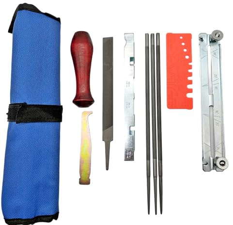 10tlg Feilen Schärfset 5,5mm für ''3/8 und .404 Sägekette Motorsäge Kettensäge Feilenhalter Tiefenbegrenzerlehre Tasche