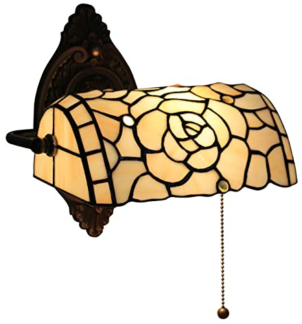 Vintage Schlafzimmer Wandbank Lampe mit Zugkettenschalter Einstellbare Tiffany Buntglas Lampenschirm, Beige Wand montiert Nachttisch Leselampe, Rosenwand Wandleuchte für Liebhaber Wohnzimmer