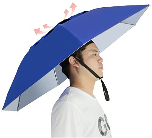 NEW-Vi Fishing Umbrella Hat Folding Adjustable Sun Rain Cap, 7-Ribs Anti-UV Waterproof Headwear for Fishing Gardening Golf Sunshade Outdoor,37.4”Oversize Hands Free Umbrellas (Bule/Silver