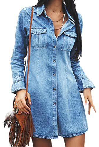 Yesgirl Robe Denim Été Femme Rétro Casual Loose Col V Ample Bouton Chemise Tunique Longue en Jean Mini De Plage