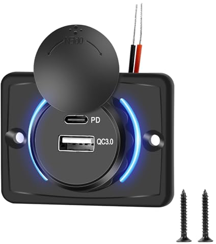 12V USB Steckdose, Dual USB C Ladebuchse Steckdose 12V Auto Ladegerät QC3.0 & PD USB C Auto Schnellladesteckdose Wasserdichte für 12V / 24V Wohnmobil Motorrad LKW Boot