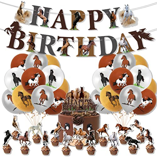 Guoguonb Pferdethema Geburtstag Party Deko Wildpferden Luftballons Pferd Cupcake Topper Happy Birthday Banner für Pferdesport Themen Baby Shower Hochzeit Geburtstag Deko