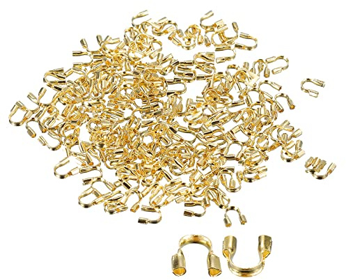 sourcing map 200 Stück Drahtschutz Fadenschutzschlaufe, 0,6mm Loch U-Form Kabelschutz für Armband Schmuckherstellung DIY, Golden Farbton