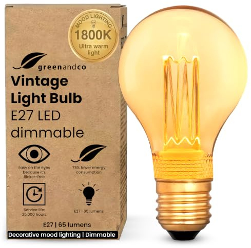 greenandco dimmbare Vintage Design LED Birne zur Stimmungsbeleuchtung | E27 A60 | gold | 2,3W 65lm | 1800K extra warmweiß | 320° | 230V | flimmerfrei | Edison Glühbirne