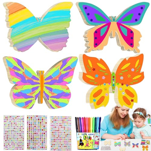 Qunkun Schmetterling Bastelset 40 Stück, Holz Deko, DIY Malen Dekoration | 40 Stück Schmetterling Bastelset, Schmetterlinge Holz Deko Kindergeburtstag, Glitzersticker, Schmetterling Handwerk Bemalen