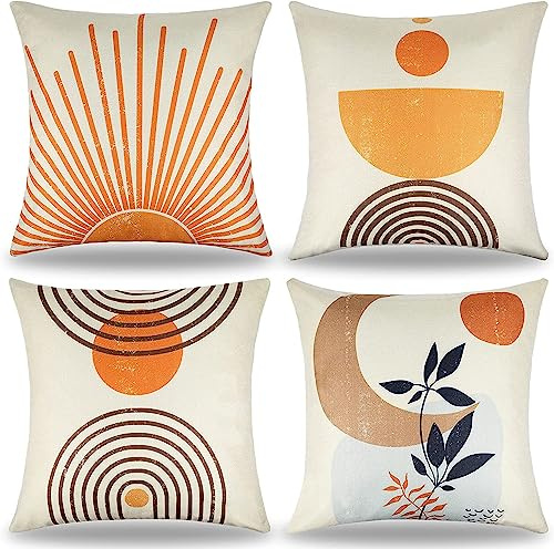 QUALKNOY Set of 4 Cushion Covers 18x18 Orange Modern Boho Decorative Geometric Throw Pillow cases 45 x 45cm for Sofa Living Room Garden Outdoor Home Decor Pillowcases