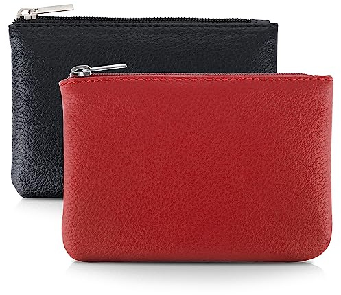 TIESOME 2 Pezzi Portamonete in Pelle Modello Litchi, Mini Portafoglio con Cerniera Portatile per Donne, Tasca Moneta per Carta di Credito (Nero Rosso)
