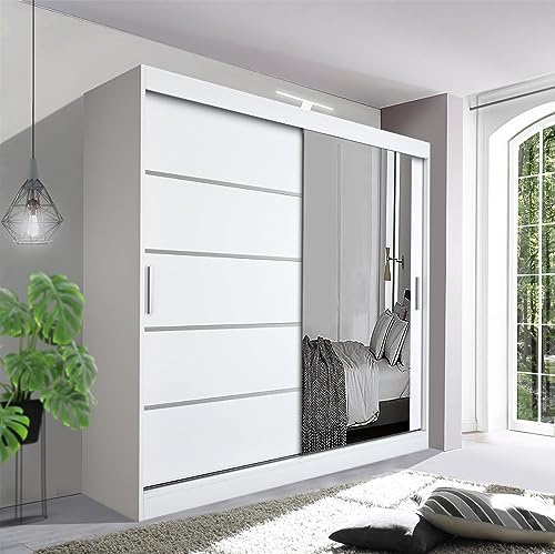 German Sliding Wardrobe Contemporary Bedroom Sliding Wardrobe with LED Light - Spacious and Stylish Design comes in White/Grey/Black/Oak and Width 120cm/150cm/180cm/203cm/250cm (White, 120cm)