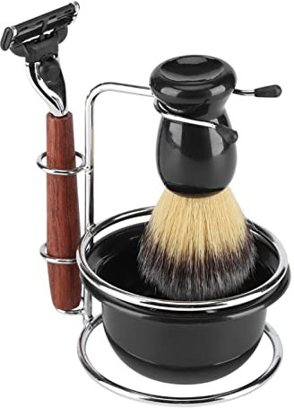 Kit di rasoio manuale di sicurezza con supporto, pennello da barba in tasso, tazza da barba in schiuma, barba da uomo in acciaio inox manico in legno, kit da barba regalo per uomini, marito, padre,
