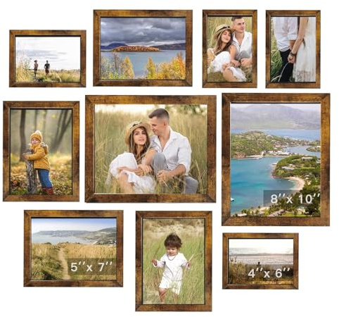 Rexllon Gallery Wall Frame Set, Picture Frames Collage Wall Decor 10 Pcs, Picture Frame Set for Wall Mounting or Tabletop Display, Multi Sizes Including 8x10, 5x7, 4x6 Family Photo Frames,Rustic Brown