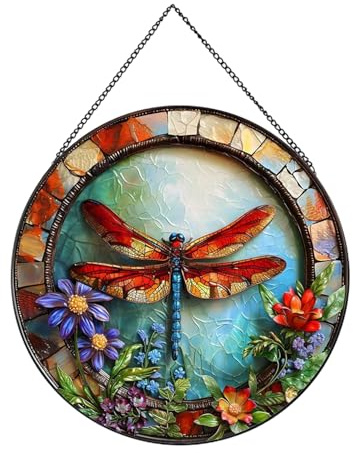 Payutou Dragonfly and Flower Suncatcher Stained Glass,Hanging Stained Glass Suncatcher for Windows,20cm/7.87inch Hand-Painted Sun Catcher Garden Hangings Halloween Fall Christmas Decor for Home