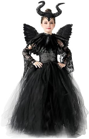 KUJAIS Maleficent Kostüm Mädchen: Kinder Böse Königin Hexe Kleid Set mit Hörner Kopfschmuck und Schwarz Flügel Umhang - Halloween Fasching Karneval Verkleidung Partykleid Outfit