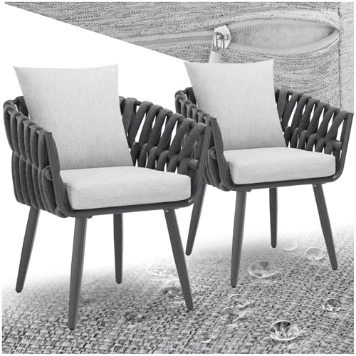 TecTake® Set 2X Sillas de Jardín con Diseño de Cuerda, Sillas de Terraza en Aluminio, Cojín en Asiento y Respaldo, Fundas Extraíbles y Repelentes al Agua, Patas Ajustables, Resistentes a Intemperie