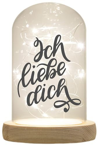 WB wohn trends LED-Glaskuppel, ich Liebe Dich, 16,5x11cm, Glasglocke mit LED-Licht und Holz-Fuß LED-Laterne LED-Lampe mit Text Spruch